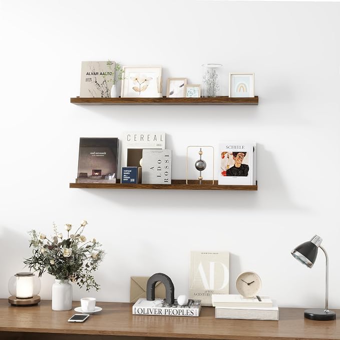 Acovy Picture Ledge Shelf, Wood Floating Shelves, 36 inch, Walnut, Set of 2 | Wall Mounted, For Living Room Kids' Room Bedroom, Photo Ledge Nursery Book Shelves