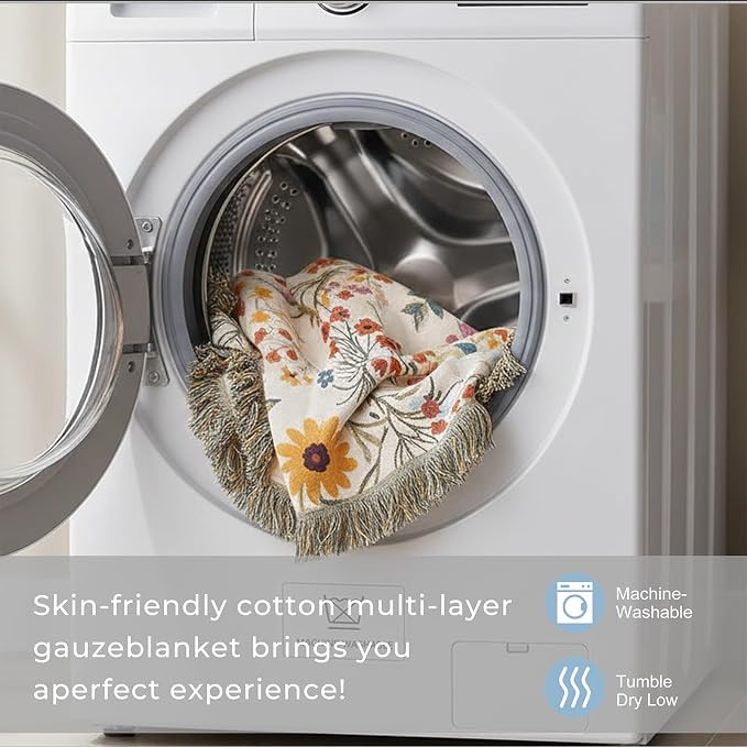 Throw Blanket for Bed,100% Cotton Boho Soft Rustic Muslin Quilt,Summer Reversible Woven Breathable Bedspread,All Season Blankets for Bedding Couch Home Decor,Colorful Floral 90"×98"