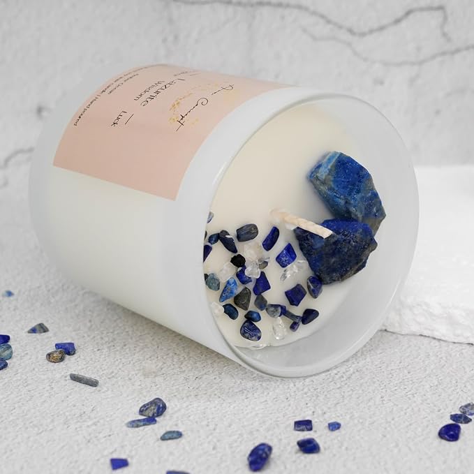 Lazurite Crystal Candle – 10oz / 280g | Amber Ocean Aromatherapy | Hand-Poured Soy Wax | Genuine Lapis Lazuli Healing Crystals Embedded | Power, Wisdom & Luck | Gift Box Included