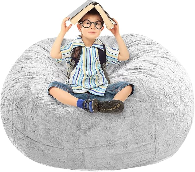 BCU Bean Bag Cover Comfy Beanbag Chair for Adults Without Filler Faux Fur Floor Chair Lazy Sofa Cover Comfy for Living Room Chairs, White, 3.5FT