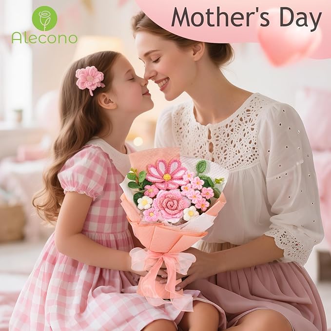 Alecono Crochet Flower Bouquet, Knitted Flowers, Pink Handmade Bouquet of Flowers for Mother's Day Anniversary Birthday Party Graduation Valentine's Day Gifts (Include Card)