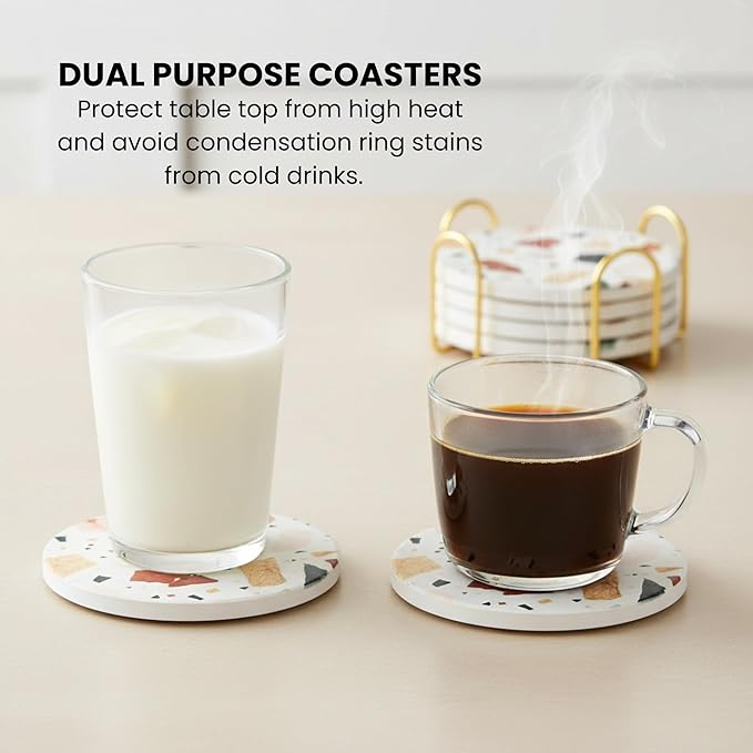 Absorbent Coaster Set of 6 with Holder, Drink Coasters for Coffee Table, Kitchen, Home Decor, Cute Ceramic Round Coasters, Alternative to Silicone, Cork or Glass Coaster (Terra)