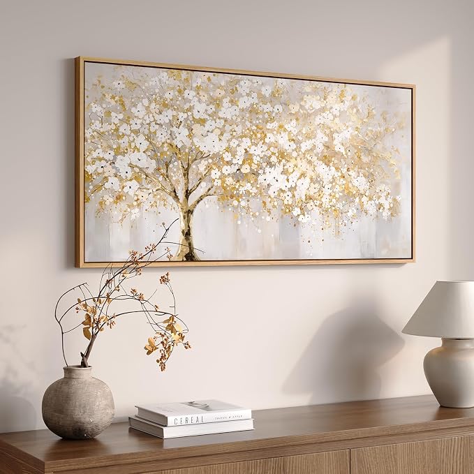 Large Framed Gold Tree Wall Art for Living Room, Neutral Gray White Canvas Painting for Modern and Elegant Home Decor, Golden Tree of Life Artwork for Bedroom Kitchen Dining Room Office, 20x40 Inch