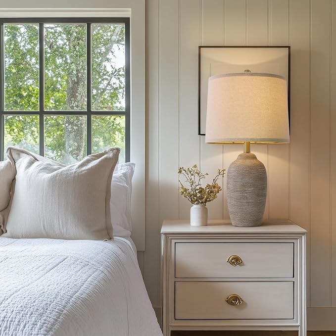 USumkky 24.5" Handcrafted Ceramic Table Lamp with 5FT Cord, Single Farmhouse Vintage Rustic Bedside Lighting for Living Room Bedroom Entryway Linen Shade Nightstand End Table Decor (Bulb Not Included)