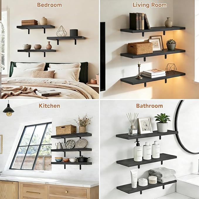Easy Install Wall Shelves with Bracket,15.7Inch Wall Mounted Wood Floating Wall Shelves,Small Wall Shelves for Storage&Wall Decor, Living Room, Kitchen, Office,Corner Shelf for Bathroom,Set of 3,Black