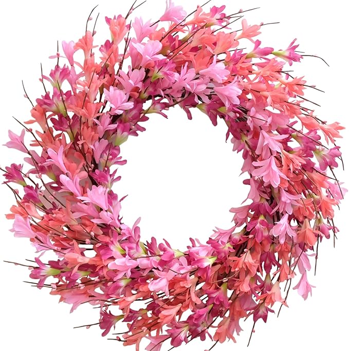 Bibelot 22inch Artificial Forsythia Flower Wreath Spring Summer Fall Wreath Silk Leaves for Front Door Decoration Porch Farmhouse Patio Garden Home Decor (Pink)