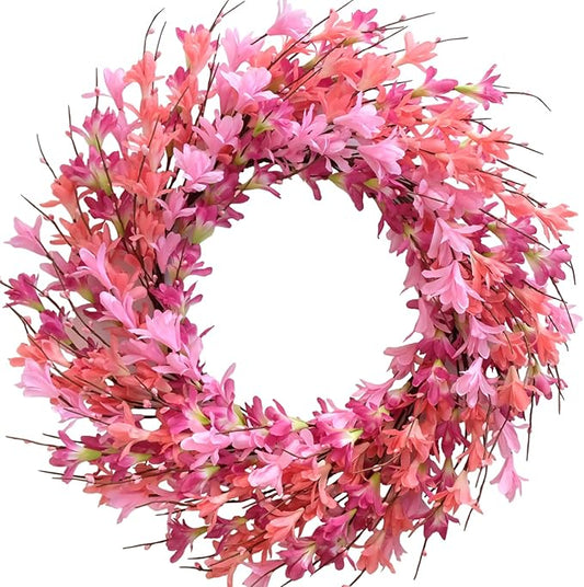 Bibelot 22inch Artificial Forsythia Flower Wreath Spring Summer Fall Wreath Silk Leaves for Front Door Decoration Porch Farmhouse Patio Garden Home Decor (Pink)
