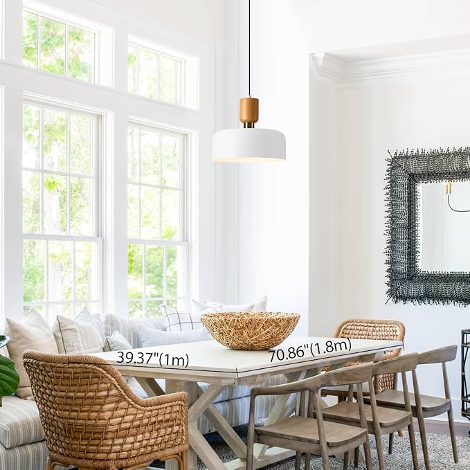TeHenoo Modern Pendant Light, 12 inch, Matte White | Natural Wood and Brass Accent, Adjustable, For Kitchen Island, For Dining Room
