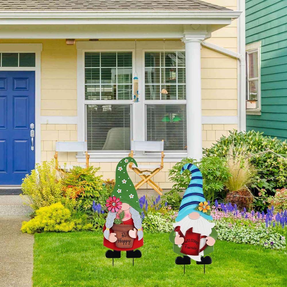 YEAHOME Garden Decor for Outside, Set of 2 Metal Gnomes 27.6” Decorative Garden Stakes with Flowers for Spring Decor, Yard Art Stakes for Outdoor Lawn Backyard Porch Garden Decorations