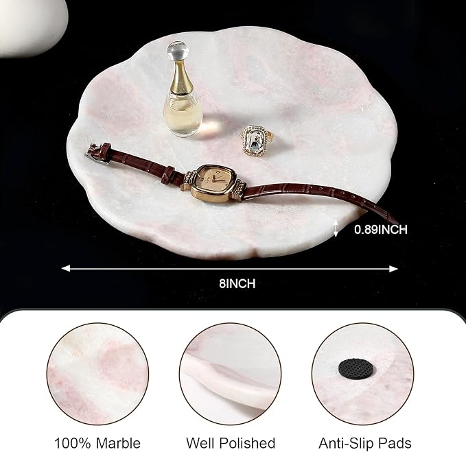Koville Marble Tray, 8" Round Marble Vanity Tray for Jewelry Trinket Perfume, Natural Stone Tray for Bathroom Kitchen Dresser Countertop, Scalloped Decorative Tray for Home Table Decor(Namibia Rose)