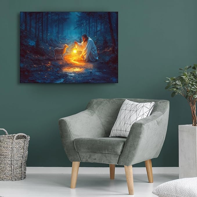 Christian wall art decor for prayer room ,Jesus and Lamb canvas Wall decor, Jesus Running After Lost Lamb Picture for Home Decor, Baptism gifts for boys-girl, serenity prayer wall art A-393 (24"X16")