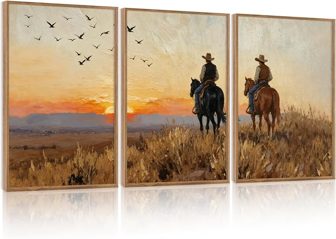 TOARTi Large Framed Western Cowboy Canvas Wall Art Set,Vintage Sunset Landscape Horseback Riding Wall Decor, Rustic Southwestern Art Prints for Farmhouse Living Room Bedroom Office-24”x35”x3
