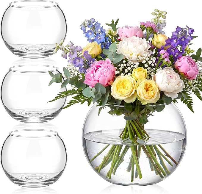 Zopeal 4 Pcs Glass Bubble Bowl Vase Bulk, Clear Round Glass Centerpiece Bowls for Wedding Table Decor, Fish Flower Bud Vase Terrarium for Event Party DIY (6.1" h X 7.87" w)