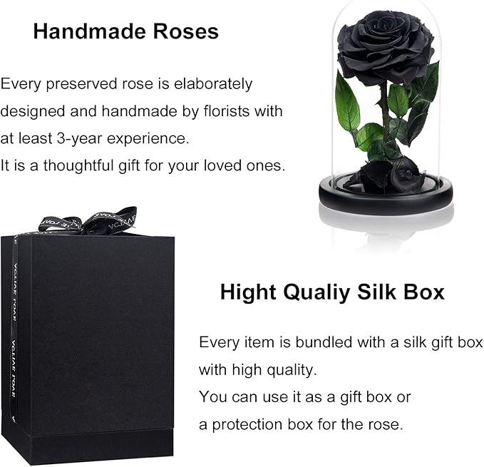 NATROSES Christmas Birthday Gifts for Women, Handmade Preserved Roses in Glass Dome, Black Roses Roses, Preserved Flowers Gifts for Mom, Mothers Day Flowers