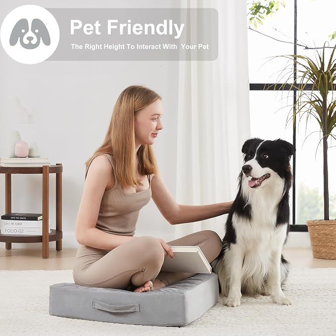 JKMAX 2 Pcs High Density Foam Floor Pillow - Upgraded Large Pillows Seating for Adults - Outdoor Floor Cushion with Soft Tufted Cover - Yoga Pillows for Sitting On Floor - 22 Inch Light Gray