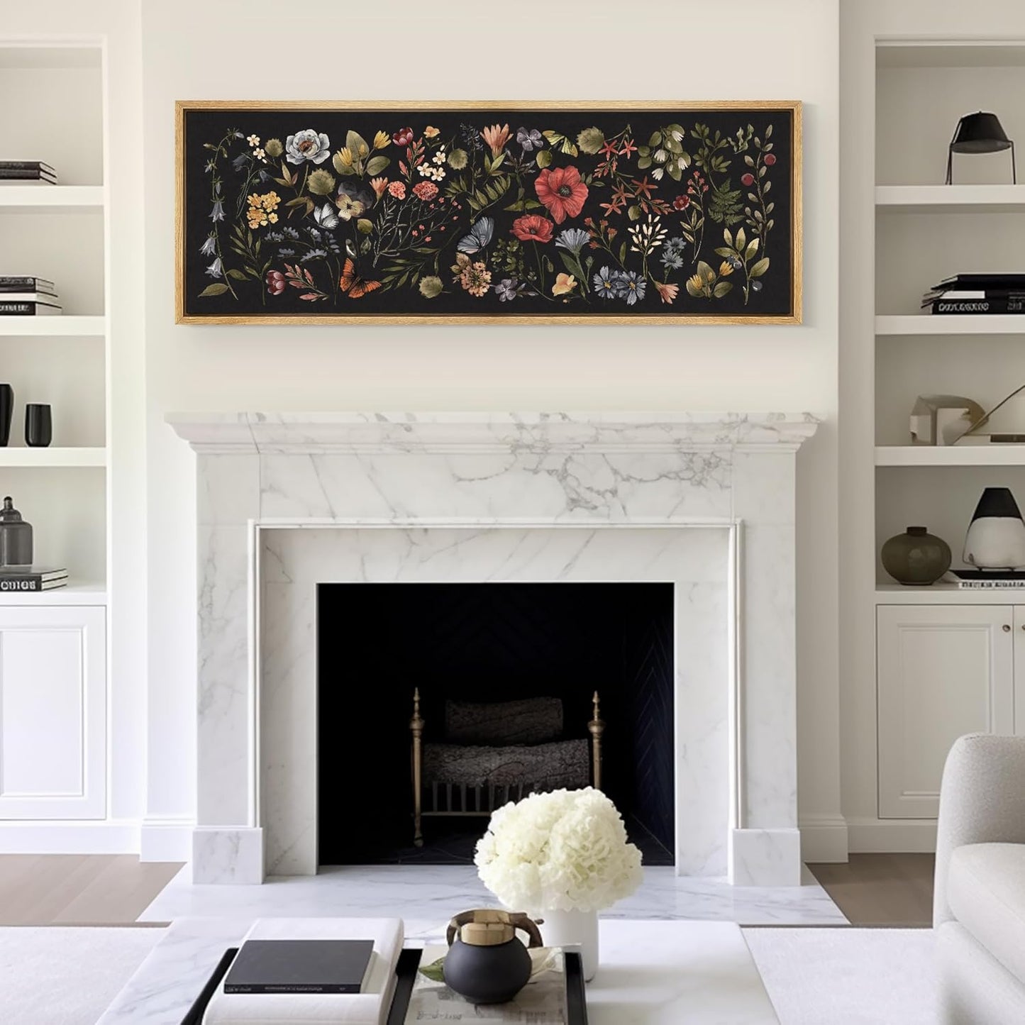 MUDECOR Large Framed Canvas Print Wall Art Midnight Garden Vintage Floral Illustrations Antique Retro Fine Art Illustrations Decorative Colorful for Bedroom - 60"x20"