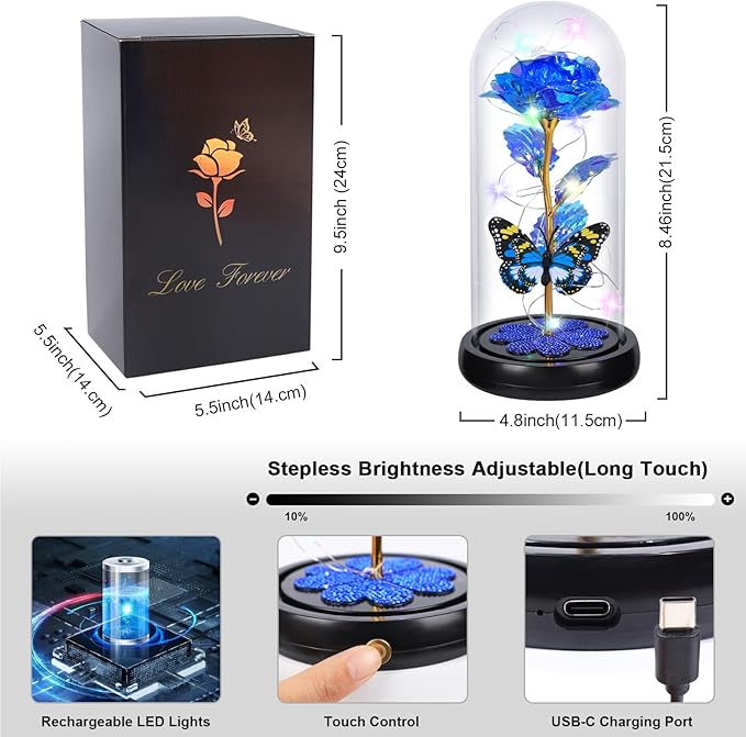 Mothers Day Rose Gifts for Mom Birthday Gift for Women, Rechargeable Galaxy Glass Rose in Glass Dome Crystal Eternal Roses Butterfly Mother's Day Flowers Gifts for Women Mom Wife Grandma Daughter Blue