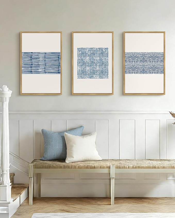 PHOPAGO Blue Abstract Framed Wall Art Large 16x24in Modern Boho Neutral Line Wall Decor Bohemain Minimalist Geometric Artwork Home Decor - Natural Framed