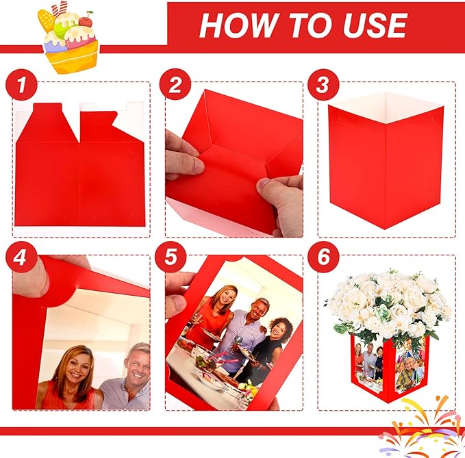 12 Pcs Picture Centerpieces for Table - 6 Inch Photo Display Frame & Hollow Picture Props Box for Christmas, Wedding, Birthday Party Table Decoration (Red)