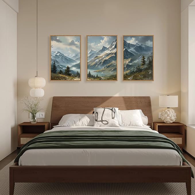 Nature Mountain Ridge Framed Canvas Wall Art Set, Boho Forest Landscape Wall Decor, Misty Woodland Cloud Wall Painting, Modern Pine Tree River Art Print for Living Room, Bedroom, Office -16"X24"X3