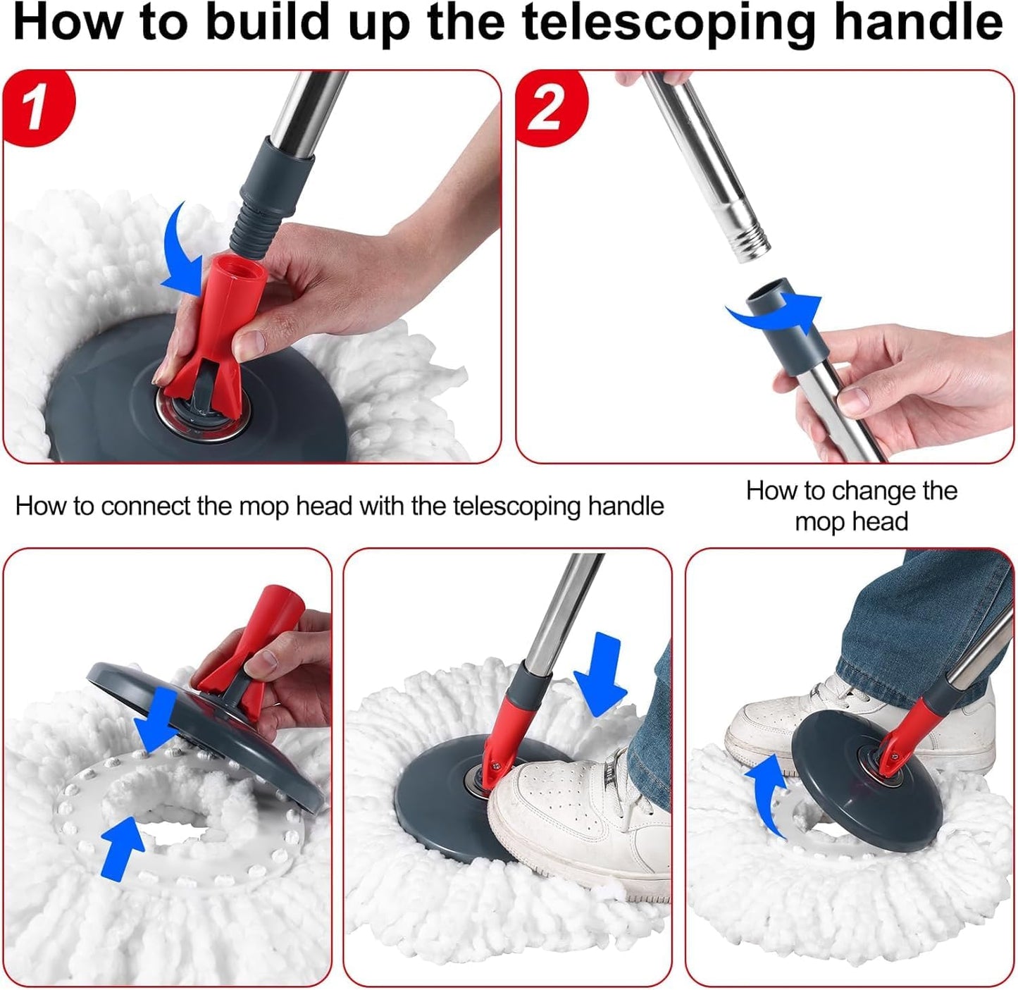 360° Spin Mop and Bucket Set Cleaning System,Mop and Bucket with Wringer Set for Home,Wet Dust Mop for Floor Cleaning with 4 Mop Heads