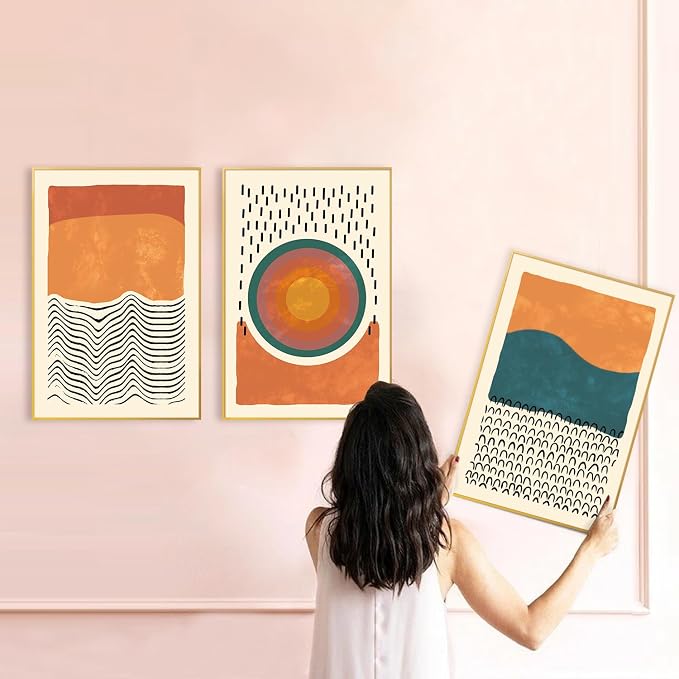 HPINUB Boho Abstract Framed Canvas Prints Wall Art Set, Mid-Century Color Block Shape Wall Decor, Minimalist Illustrations Art Photos for Living Room, Bedroom, Dining Room, Office, Bathroom -