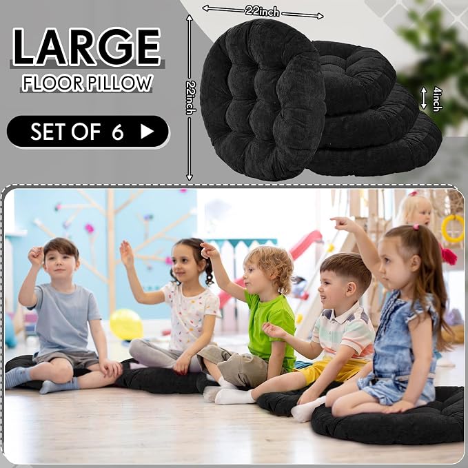 Jerify 6 Pcs Floor Pillow Cushions Large Round Square Large Meditation Floor Pillow for Classroom Adult Meditation Picnic Party Seating Learning Daycare School (Round,Black)