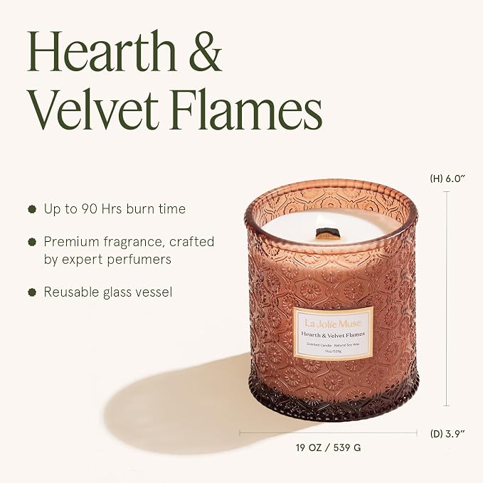 LA JOLIE MUSE Hearth & Velvet Flames Scented Candle for Home, 19 oz Soy Wax | Fireside Candle, Christmas Winter Festive Decoration, Luxury Red Jar Candle, Clean Non Toxic, Gift for Women & Men, Wood Wick
