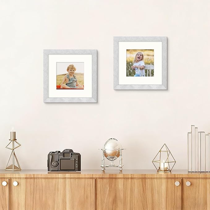 Picrit 8x8 Picture Frame Set of 12, Display 5x5 with Mat or 8 x 8 Without Mat, Photo Frames for Wall Mounting or Table Top Display, Silver