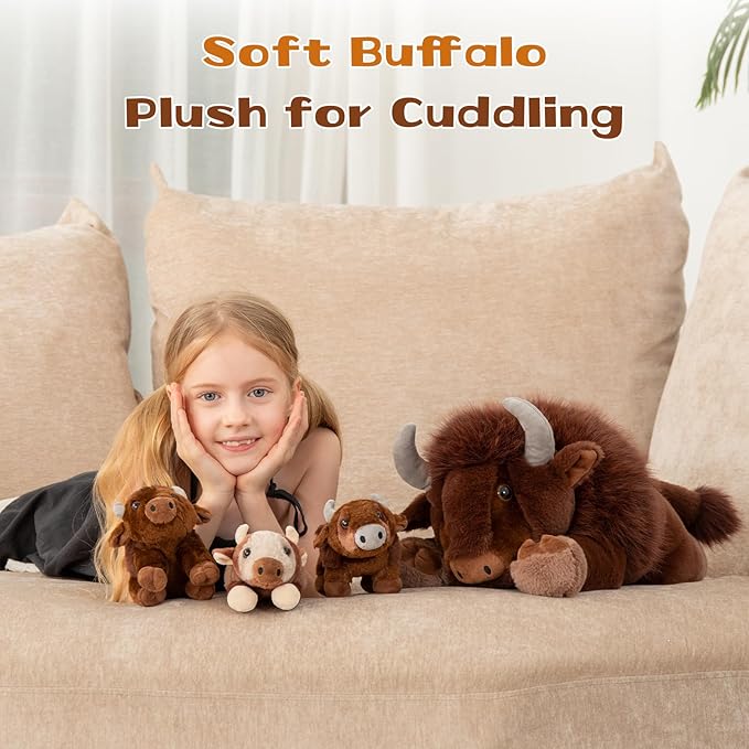 MorisMos 4Pcs Bison Stuffed Animal, 18inch Bison Mommy with 3 Baby Plush Toy, Soft Buffalo Wild Stuffed Animals Gift for Kids, Boys, Girls