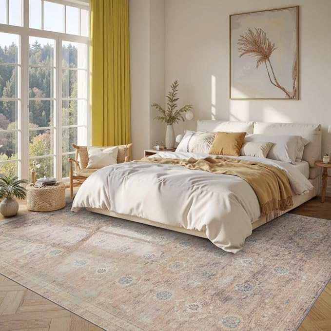 Rugxara Beige Rug 5x7 Neutral Area Rugs for Living Room Bedroom, Washable Vintage Floral Retro Boho Non Slip & Low Pile Carpet for Indoor Dining Room and Kids Room(Beige 5x7ft)
