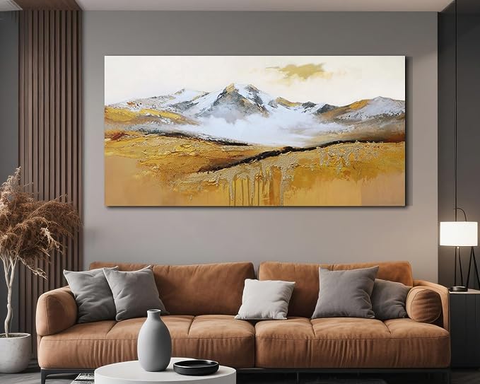 Arjun Textured Mountain Landscape Canvas Wall Art Extra Large 58"x29"- Gold Peak & Misty Valley Painting, Golden Drip Artwork Large Framed Picture Prints for Living Room Bedroom Home Office Wall Decor