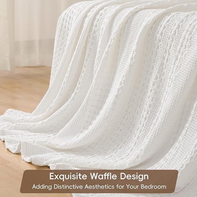 PHF 100% Cotton Waffle Blanket King Size for Bed, Lightweight Breathable and Soft for Summer, Luxury Aesthetic Waffle Weave Blanket for Home Decor & Gifts for Women, 108"x90", White