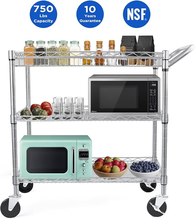 WDT Heavy Duty 3 Tier Utility Cart,Wire Rolling Carts with Wheels, Commercial Grade Service Cart with Shelving Liners and Handle Bar Metal Carts for Kitchen Office Hardware