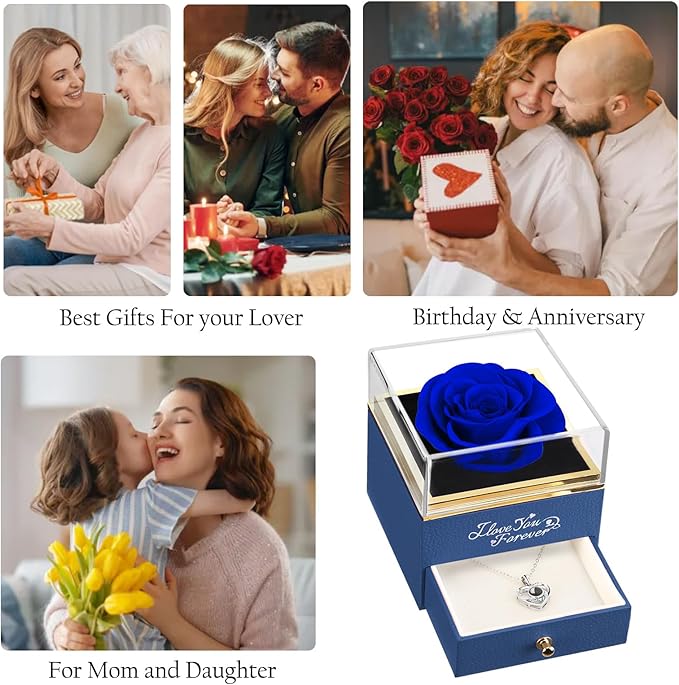 ASELFAD Preserved Real Rose with Heart Necklace -I Love You Forever Eternal Rose for Her, Mothers Day Gifts for Mom, Wife, Anniversary or Birthday Gifts for Women, Blue