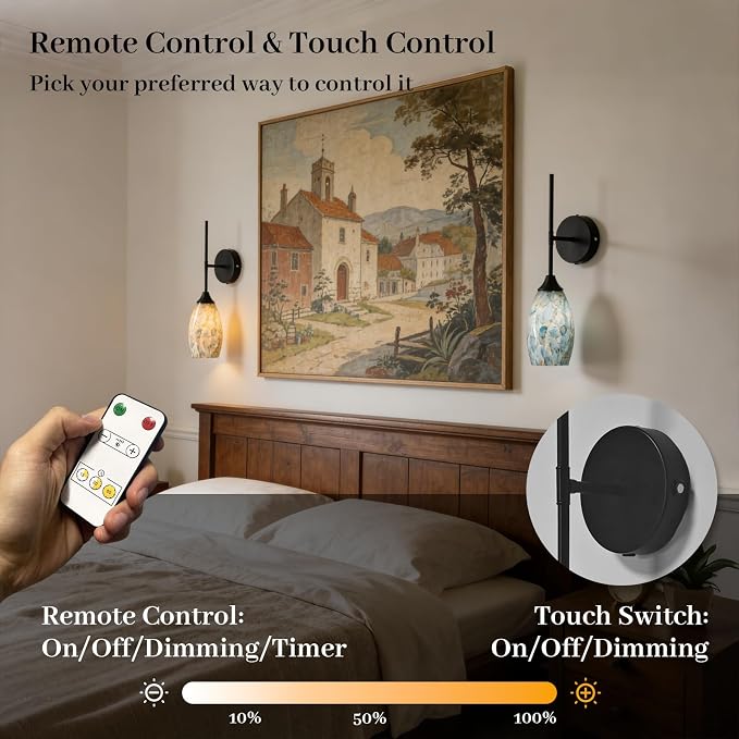 Wireless Battery Operated Wall Sconce Set Of 2，Rechargeable Wall Lights with Remote Control, Dimmable 3000K–6000K, Wireless Wall Sconces With Industrial Hand-Blown Art Glass for Bedroom Living Room