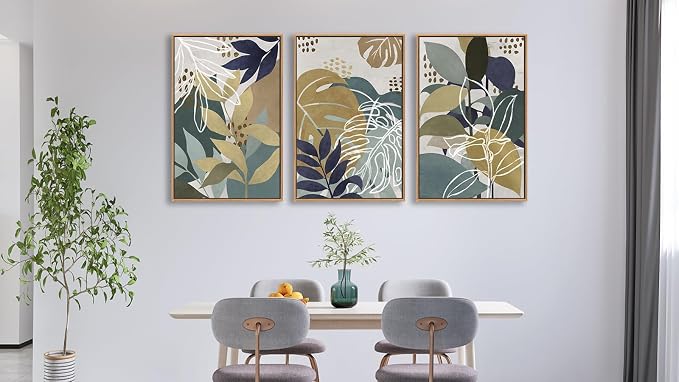 Large Botanical Wall Art for Living Room Natural Wood Float Framed Art Set of 3 Tropical Plant Pictures Boho Artwork Green Brown Leaf Canvas Prints for Bedroom Kitchen Home Office Wall Decor 32"X48"X3