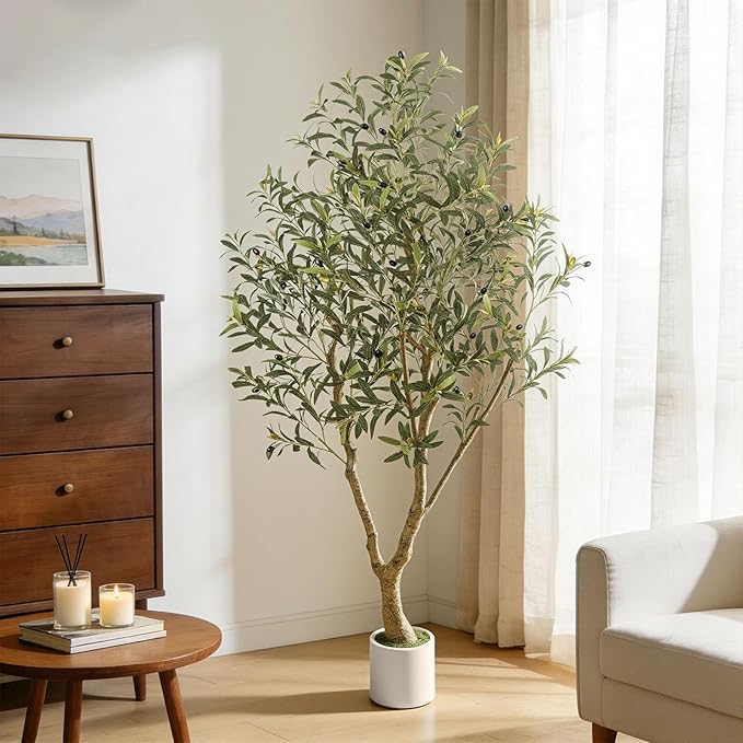 6FT Artificial Olive Tree with Elegant Planter & Moss, Faux Olive Tree Indoor with Natural Wood Trunk & Lifelike Leaves, Tall Fake Plant for Living Room Home Office Decor – Housewarming Gift