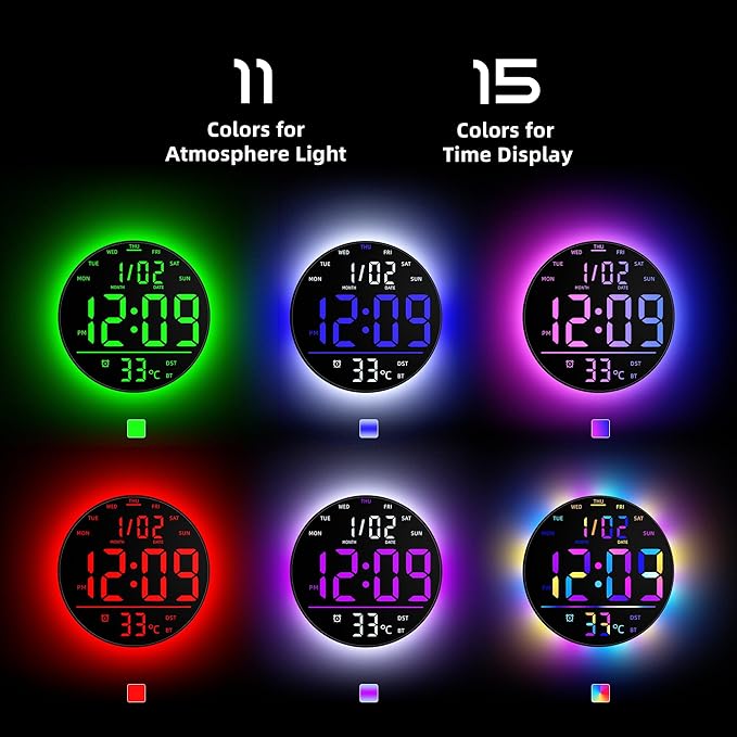 EASYERA 10" Large Digital Wall Clock with Remote Control, Music Sync RGB Atmosphere Light, Low-Reflectivity, Temperature, LED Display, Dual Alarms, BT Sync, Auto DST for Bedroom and Classroom
