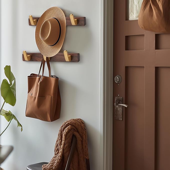 Wall Mounted Coat Rack, Entryway Hanging Coat Rack, Metal Wood Coat Rail with 3 Rustic Hooks Rail for Coat, Scarf, Bag, Towel, Key, Cap, Hat, Walnut Gold Matt