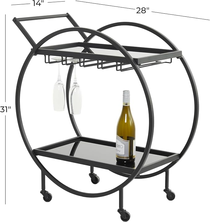 Deco 79 Metal Rolling 2 Mirrored Shelves Bar Cart with Wine Glass Storage and Handle, 28" x 14" x 31", Black