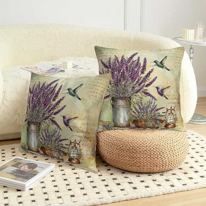 Lavender Pillow Covers Purple Flower Rustic Pillow Covers 22x22 Set of 2 Lavender Hummingbird Pillow Case Spring Vintage Cotton Linen Cushion Case for Garden Farmhouse Patio