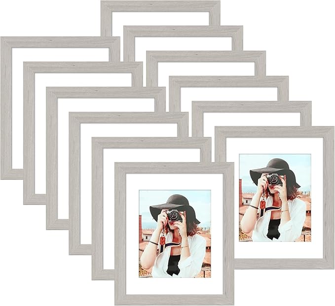 Picrit 8x10 Picture Frame Set of 12, Display 5x7 with Mat or 8x10 without Mat, Photo Frames for Wall Mounting or Table Top Display, Gray