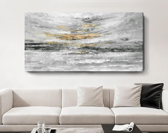 Nicetop 58x29" Large Black and White Abstract Coastal Wall Art with Metallic Gold Accents, Modern Minimalist Canvas Print of Ocean Waves and Clouds, Ready to Hang Wall Decor for Living Room, Bedroom Above Bed, Office