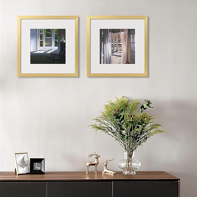 upsimples 12x12 Picture Frame, Display Pictures 8x8 with Mat or 12 x 12 Without, Wall Hanging Square Frames, Gold, 1 Pack