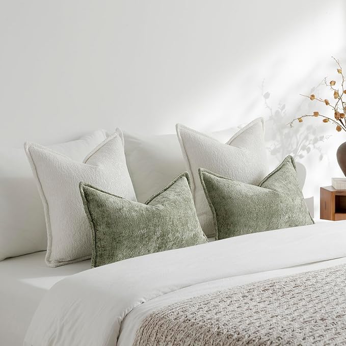 DEZENE Pack of 2 Cream White Euro Shams Pillow Covers 26x26 Cozy Soft Chenille Decorative Throw Pillow Covers Accent Vintage Square Couch Pillow Covers for Home Decor Bed Sofa Living Room