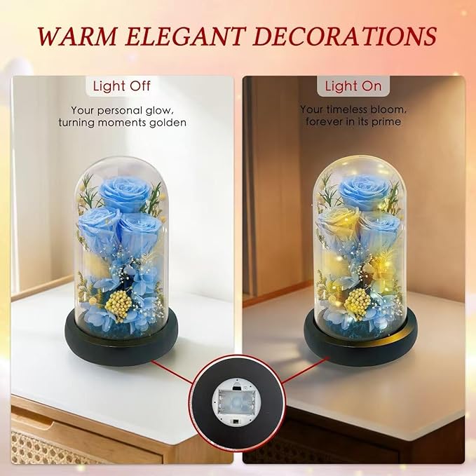 HipTree Preserved Blue Rose in Glass Dome with LED Lights - Forever Eternal Real Rose Gifts for Women, Valentines Day Mothers Day Birthday Wedding Anniversary for Mom Wife Girlfriend