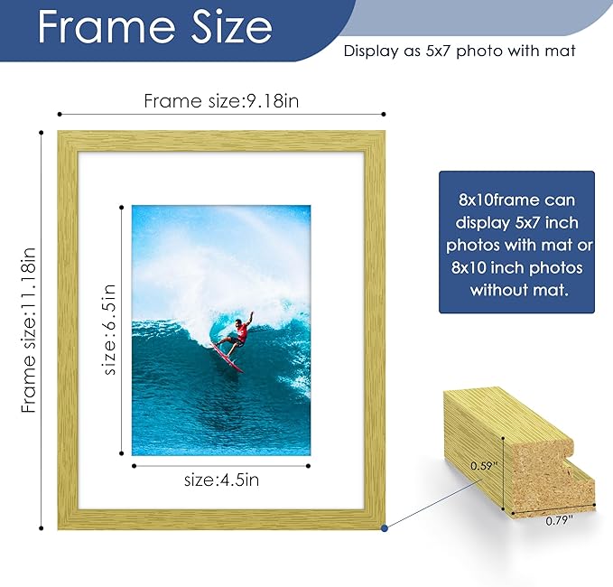 PEALSN 8x10 Picture Frame Set of 6, Display Pictures 5x7 with Mat or 8x10 Without Mat for Wall Mounting or Table Top Display, Photo Frames Collage for Wall Decor, Gold