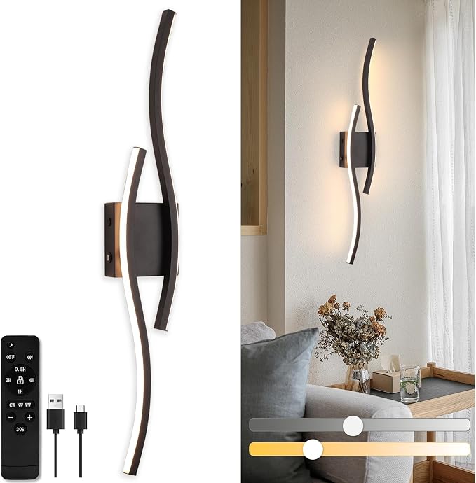 Battery Operated Wall Sconces, Rechargeable Wall Sconces, 3000K-6500K LED Wireless Wall Light, Modern Wall Lamp not Hardwired for Living Room Bedroom Hallway, 31.5in-Black