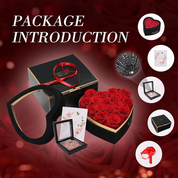 Casaido Preserved Roses Flowers for Delivery 16 Pcs, Mothers Day Rose Gifts for Her, Forever Flores in Heart Box with Necklace, Anniversary Birthday Christmas Vanlentines Gift for Wife Girlfriend, Red